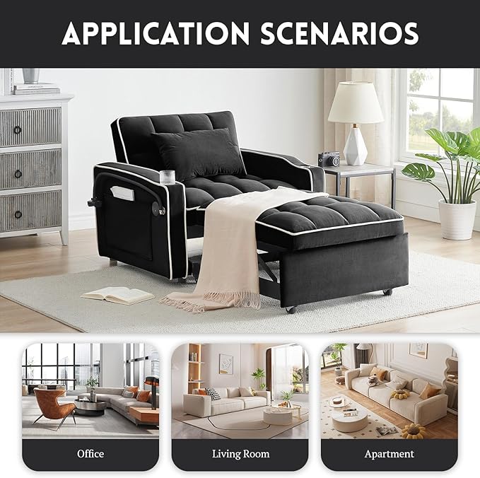 3 in 1 Sleeper Sofa Chair BedVelvet Convertible Sleeper SofaPull Out Bed Chair with USB Port &amp Ashtray and Swivel Phone Stand &amp Storage Pockets Modern Singer Sofa for Living Room