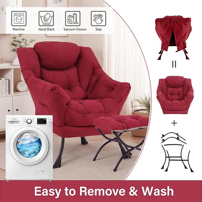 Lazy Chair with Ottoman Large Burgundy Accent Chair with Ottoman Comfy Reading Armchair Leisure Sofa Chair for Living Room Bedroom Dorm Room Office