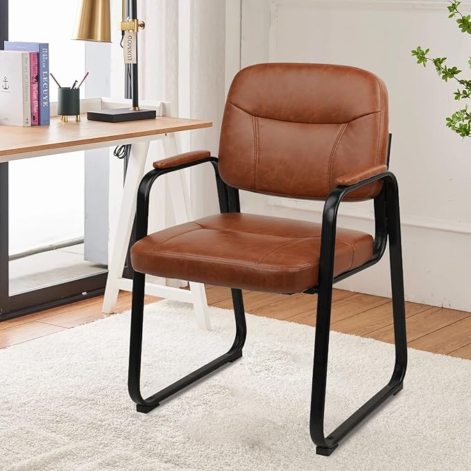 CLATINA Waiting Room Guest Chair with Bonded Leather Padded Arm Rest for Office Reception and Conference Desk Black with Sled Base Brown 1 Pack