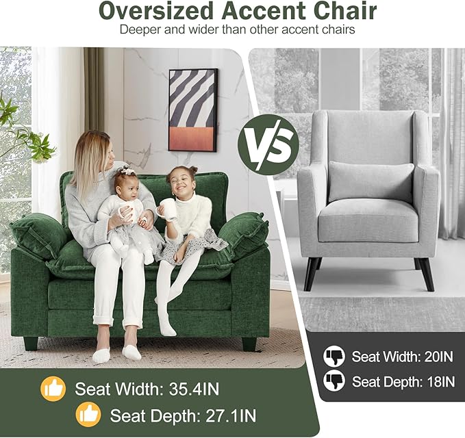 CDCASA Oversized Accent Chair with Ottoman Chenille Comfy Cloud Sofa Chair with Large Seat and Upholstered Armrests Modern Extra Wide Armchair Reading Chairs for Bedroom Living RoomSet of 2Green