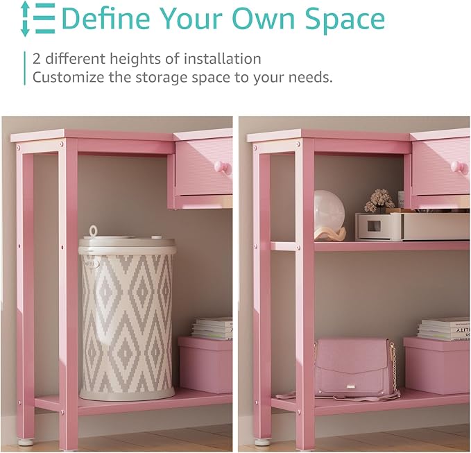 DLisiting Pink Reversible L Shaped Desk with Drawers and Shelves Small Kids Study Vanity PC Computer Desk with Storage for Girls Corner L-Shaped Desks for Small Space Bedroom