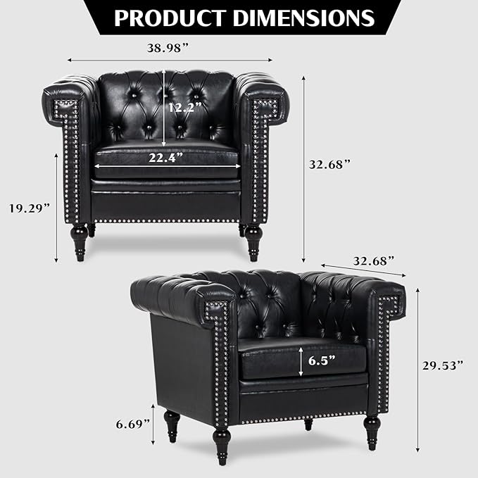 Modern Living Room Chairs Oversized Chesterfield Chair Black Faux Leather Tufted Arm Accent Sofa Chairs Deep Seat Comfy Classic Club Wingback Single Sofa Chair for Bedroom Office
