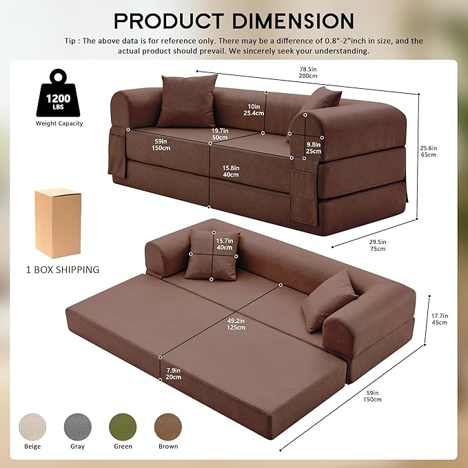 78.5 Convertible Sleeper Sofa Bed Faux Leather Folding Floor Sofa with Pullout Bed&amp2 Pillows No Assembly Modern Boneless Couch Compression Sofa in Box with Storage Pocket for Living Room Brown