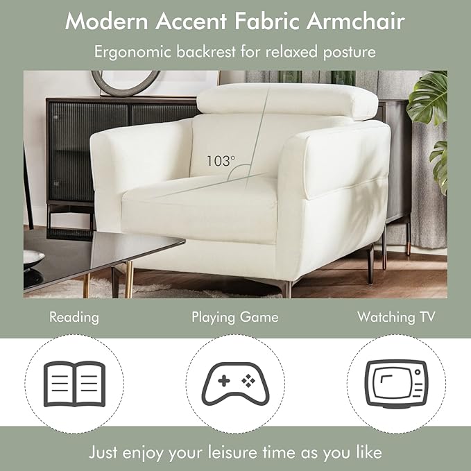 Giantex Accent Chair Upholstered Single Sofa Chair with Adjustable Headrest Stable Metal Legs Armchair for Living Room Bedroom Office Reception Room White