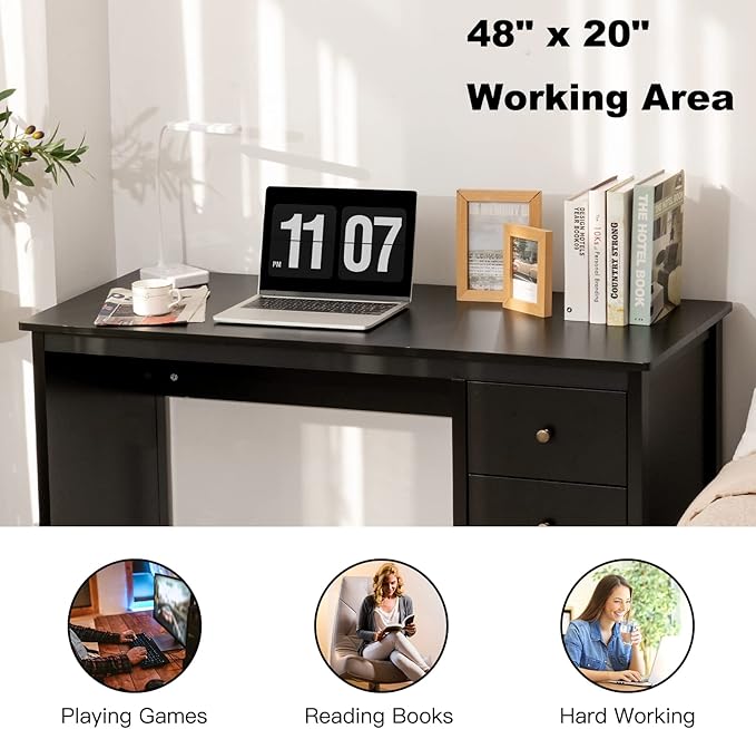 Computer Desk with Drawers 48’’ x 20’’ x 29.5’’ Home Office Computer Workstation Modern Executive Desks Teens Writing Study Table Laptop Desk for Bedroom Study Small Space (Black)