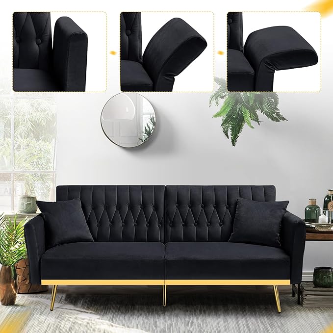 70” Velvet Futon Sofa Bed with 2 Pillows and Adjustable Armrests Convertible Sleeper Bed W/Adjustable Backrests Modern Loveseat for Living Room Bedroom Black
