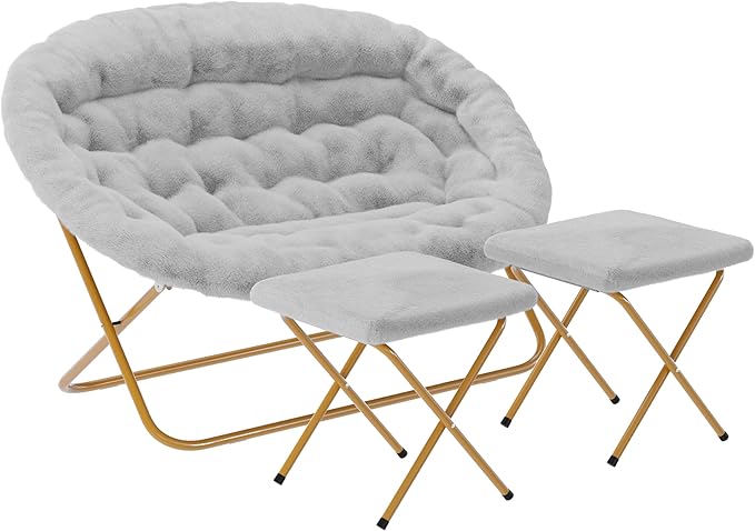 Flash Furniture Eleanor Portable Double Saucer Chair with 2 Ottomans Folding Steel Frames for Dorm or Bedroom 56 Gray Faux Fur/Soft Gold Frame