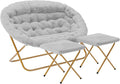 Flash Furniture Eleanor Portable Double Saucer Chair with 2 Ottomans Folding Steel Frames for Dorm or Bedroom 56 Gray Faux Fur/Soft Gold Frame
