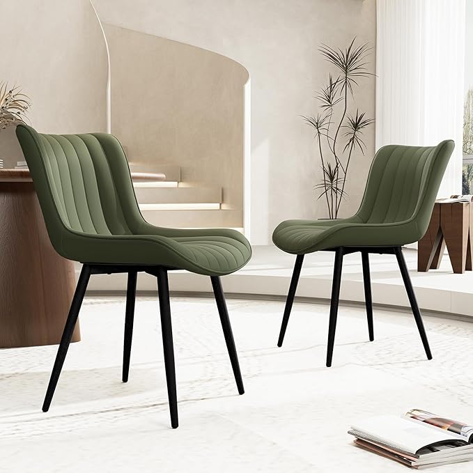 YOUNUOKE Mid-Century Modern Dining Chairs Set of 2 Olive Green PU Leather Upholstered Kitchen Chairs with Black Metal Legs Armless Accent Side Chair for Dining Room Guest Reception Room