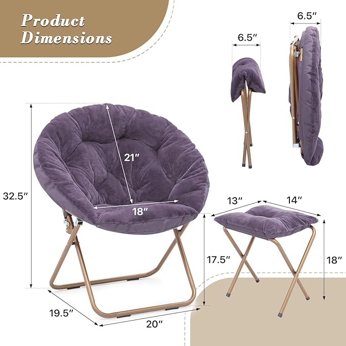 Athena Collection Round Saucer Chair with Ottoman Set for Adults Oversize Comfy Cozy Faux Fur Folding Reading Chair with Metal Leg Lazy Relaxing for Living Room Bedroom Dorm Apartment Purple