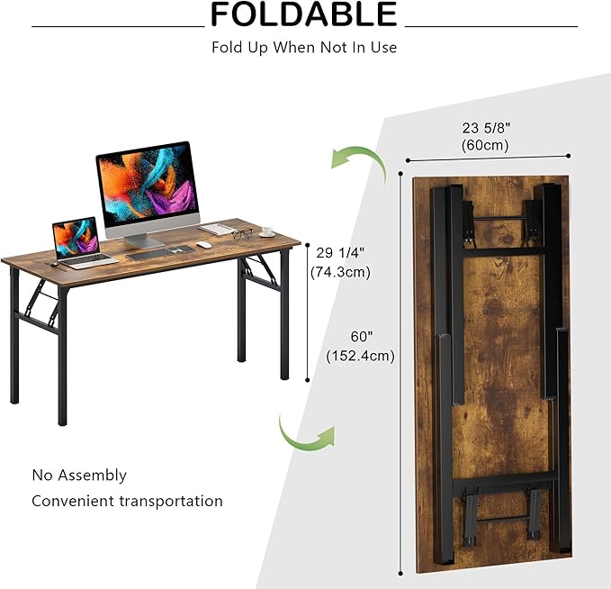 SogesGame Folding Desk 60 inch Large Foldable Computer Desks Workstation Writing Table for Bedroom Home Office Dorm Apartment Kids Adults No Install Needed Rustic Brown