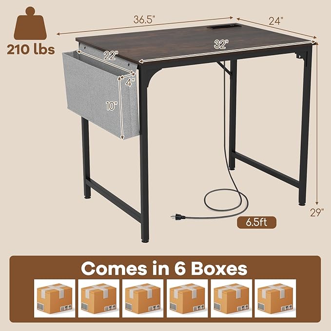 32 Inch Computer Desk Set of 6 Modern Writing Desk with Heavy-Duty Metal Frame Storage Bag &amp Charging Station Rectangular Home Office Workstation Table for Conference Study &amp Meeting Room