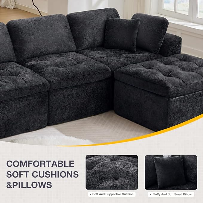 110 Cloud Sectional Couch for Living Room Upholstered L-Shape Modular Sofa with Movable Ottoman 3-Seater Deep-Seat Foam Couch Comfortable Convertible Sectional for Home &amp Apartment（Black）