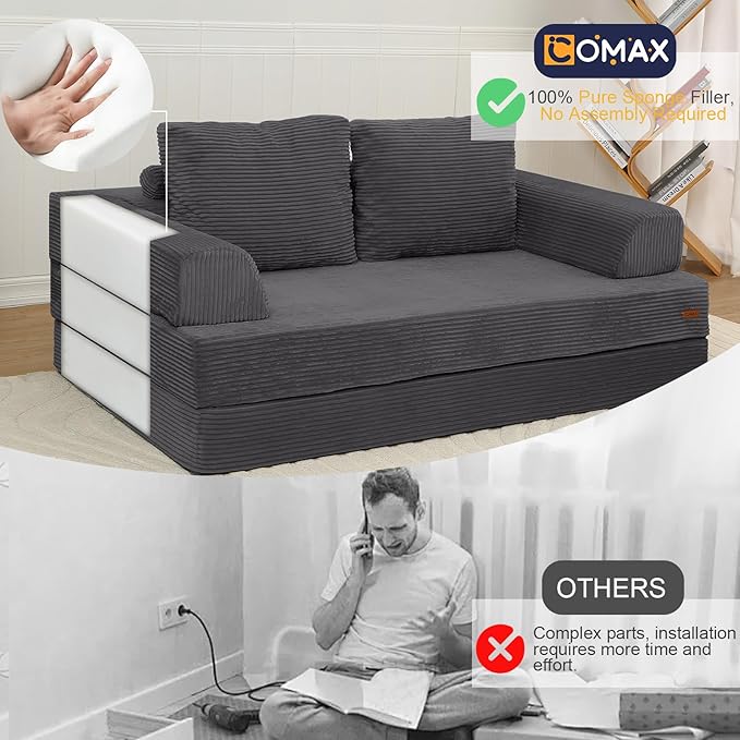 COMAX Convertible Sofa Bed Folding Floor Couch Corduroy Fold Out Couch Bed Futon Sleeper Mattress with Pillows Boneless Sofa Comfy Lounge Loveseat for Living Room Bedroom Grey