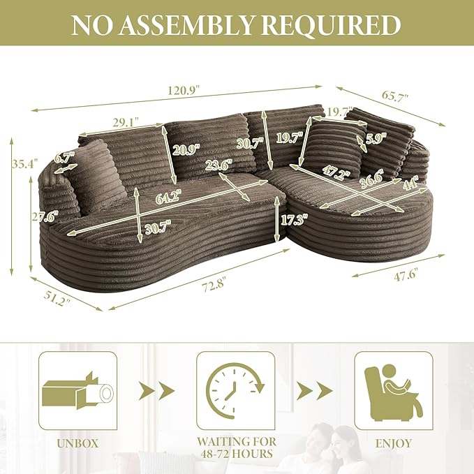 121 Modular Sectional Sofa Oversized Cloud Couch with Deep Seat L Shaped Sofa with Left Chaise Corduroy Boneless Sleeper Sofa Couch No Assembly Needed for Living Room Apartment Brown