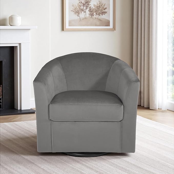 Swivel Accent Chair Upholstered Velvet Barrel Armchair Modern Round Single Sofa Seating Comfy Reading Corner Chairs for Living Room Bedroom Fully Assembled (Velvet Grey Set of 1)
