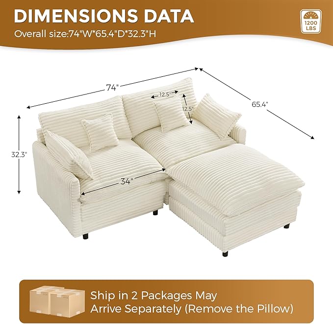 HYJT-H&ampK 74 L Shaped Cloud Couch Modular Small Sectional Couches for Living Room Small Spaces Comfy Fluffy Corduroy Cloud Loveseat with Ottoman 3 Seat Sectionals Sofa White