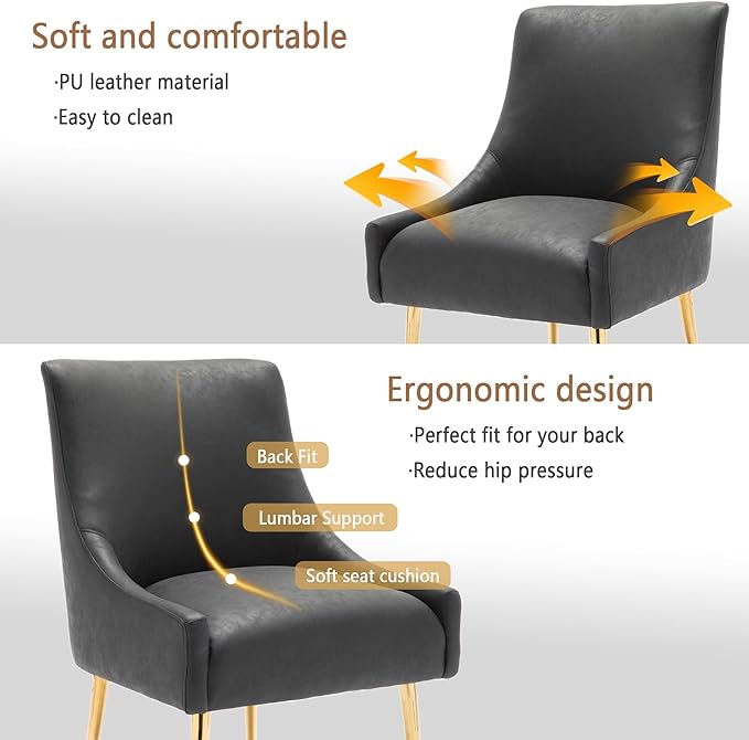 Dining Room Chair Faux Leather Vanity Chairs Set of 4 Mid-Century with Metal Legs Upholstered PU Leather Luxury Accent Chairs Living Room Restaurant(Black)