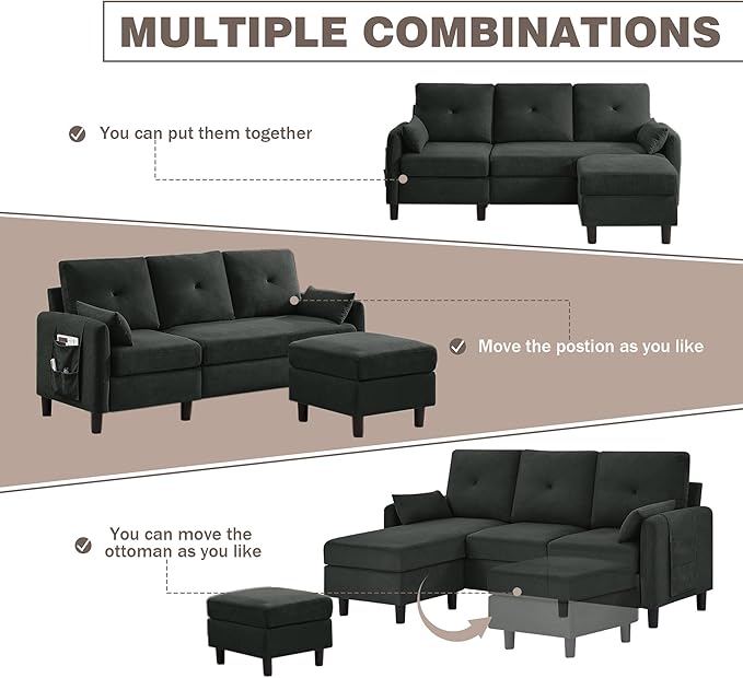 Convertible Sectional Sofa Modern Linen Fabric Sofa Couch with Reversible Chaise 3 Seat L-Shaped Couches for Living RoomOffice Small Apartment Black
