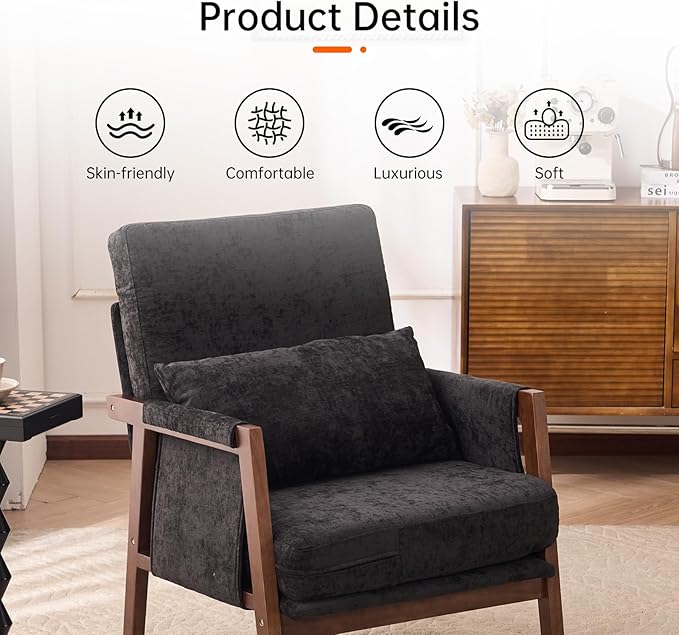 Accent Chairs Set of 2 Mid-Century Modern with Lumbar Support Pillow Upholstered Living Room Chairs with Wooden Chenille Armchair with Cushion Anthropologie Side Chair for Bedroom Black