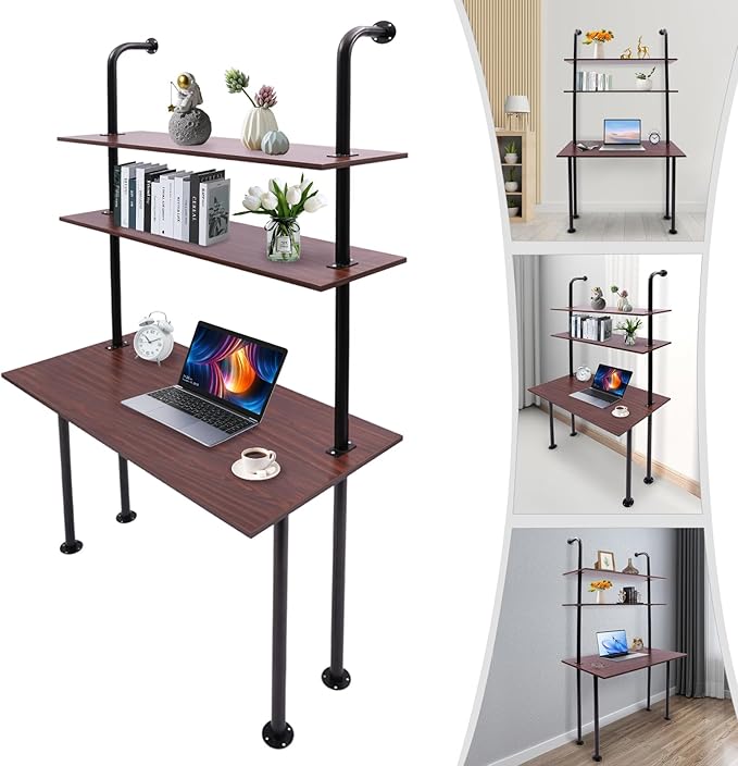 2-Shelf Industrial Wall Mount LadderWall Mount Computer Desk Writing DeskIndustrial Bookcase Desk with ShelvesFloating Desk with Storage Wall Table for Home Office Brown (20Dx30Wx72.7H)