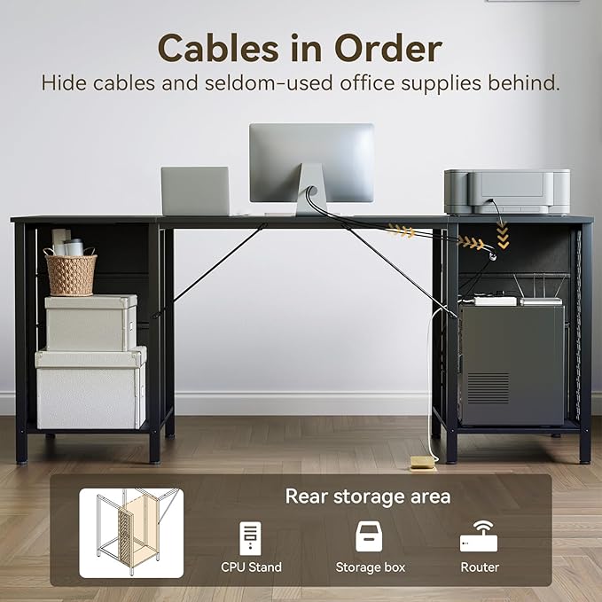 ODK 63 Inch Office Desk with 6 Fabric Drawers Large Computer Desk for Home Office with Hidden Storage Shelves Black