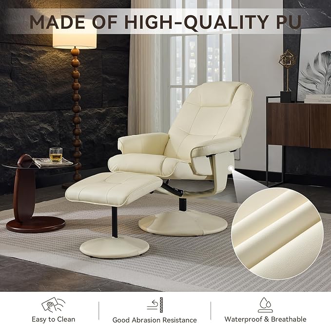 Ergonomic Recliner Chair with Ottoman for Adults 360° Swivel Massage Lounge Chair with 5-Point Vibration &amp Heated Seat140° Adjustable PU Leather Recliner for Living Room Office (Beige+PU Leather