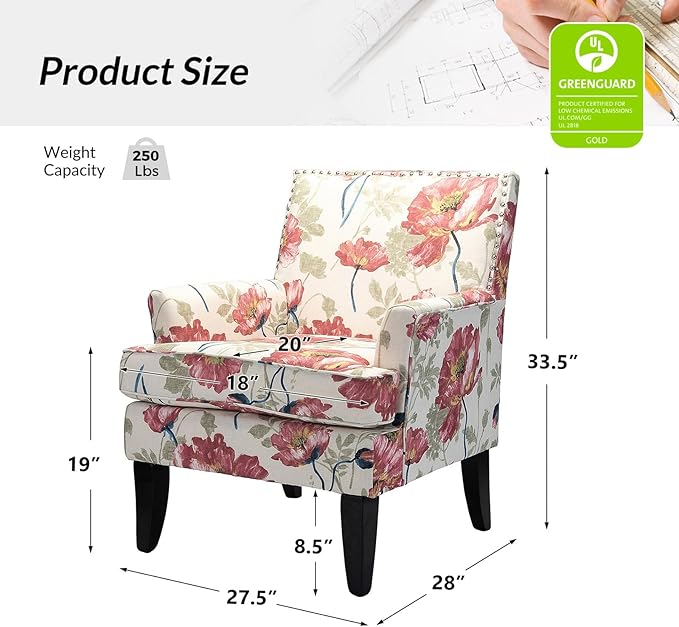 HULALA HOME Modern Accent Chair with Arms and Wooden Legs Mid Century Accent Chair Armchair High Back Rest Padded Armrest and Comfortable Cushioned Seat for Living Room (Red Yellow Floral)