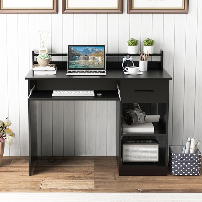 Computer Desk with Drawers Study Table with Storage Shelves Keyboard Tray Wood Makeup Vanity Table Small Desk for Bedroom Study Living Room Home Office (Black 35.5''H)