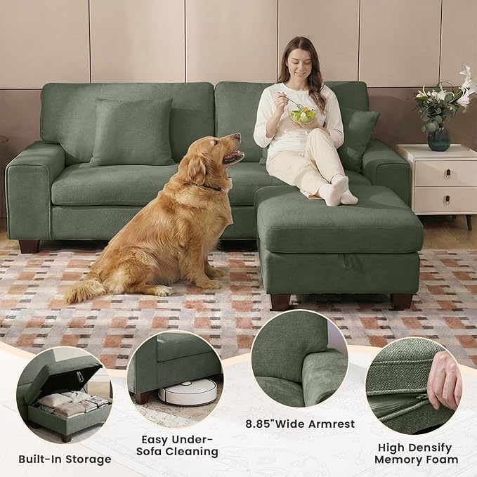 DOPEDIO L-Shaped Sectional Sofa with Storage Ottoman Modern Chenille Recliner Loveseat Removable Couch Covers Pocket Spring Cushions Solid Wood Frame Easy to Install (88.58inch Green)