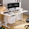 ONBRILL Standing Desk with Drawers 55x24 Inch Electric Stand Up Desk with 3 Drawers and Open Storage Shelf Adjustable Height 28-46 Inches for Home and Computer Workstation White