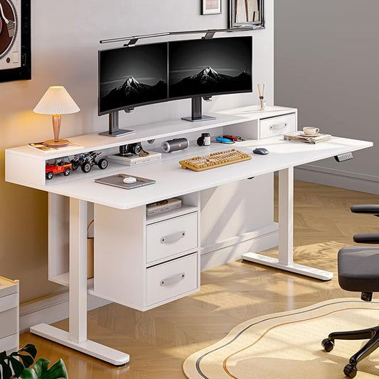 ONBRILL Standing Desk with Drawers 55x24 Inch Electric Stand Up Desk with 3 Drawers and Open Storage Shelf Adjustable Height 28-46 Inches for Home and Computer Workstation White