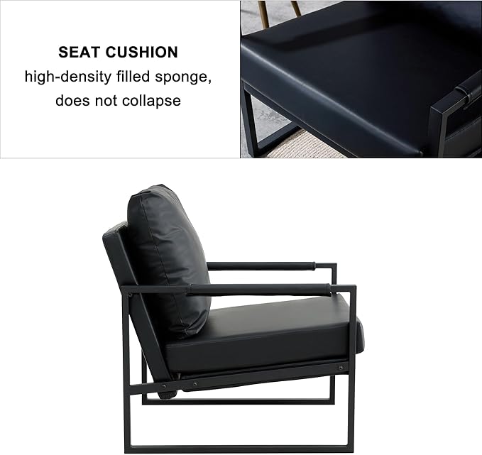 Mid Century Modern PU Leather Accent Arm Chair with Metal Frame and Thick Padded Backrest Upholstered Lounge Armchair Sofa for Living Room Bedroom