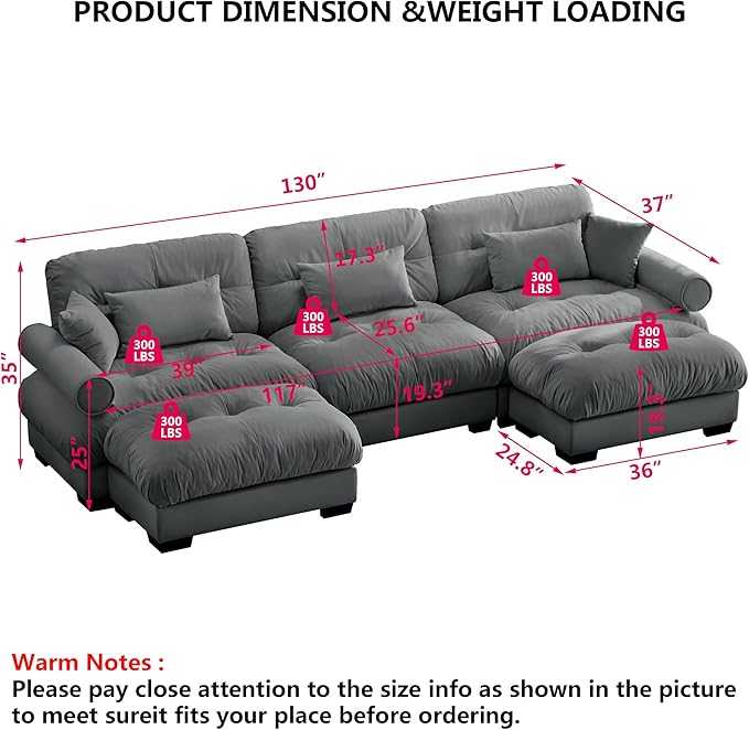 Aoowow Modern Velvet Cloud Sofas Deep Seat for Living Room130 Luxury Oversized U-Shaped Cloud Couch with OttomansTufted Extra Large 3 Seater Sleeper Sofa