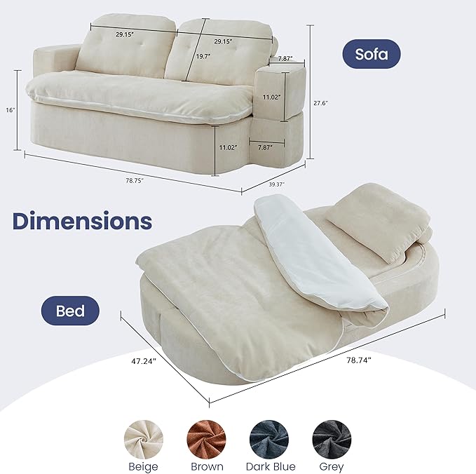 78.74 Convertible Sofa Bed Folding Loveseat Sleeper Sofa 2 in 1 Chenille Floor Couch Bed Foam Compressed Sofa with Pillows &amp Blanket for Living Room Apartment Studio Office (Beige)