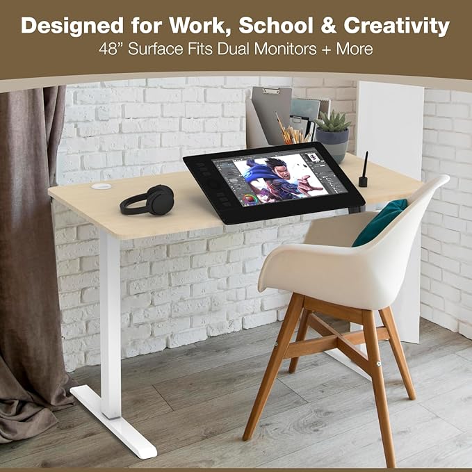 Mount-It! Maple Standing Desk 48x24 – Electric Height Adjustable Sit to Stand Desk with Memory Presets Ergonomic Workstation for Home Office or Study White Frame with Maple Splice Board Top
