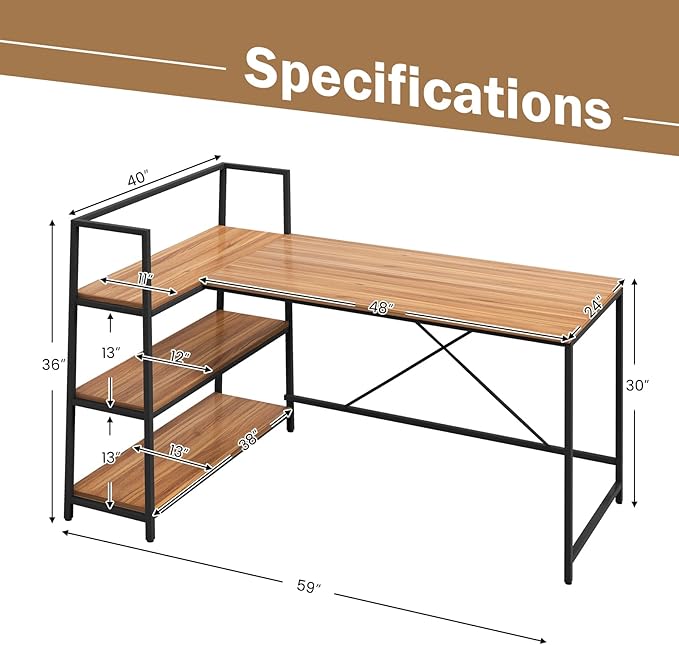 Tangkula Reversible L-Shaped Computer Desk Space Saving Corner Desk with 3-Tier Storage Shelves &amp Metal Frame Modern Executive Home Office Desk PC Laptop Desk Workstation for Small Space (Walnu