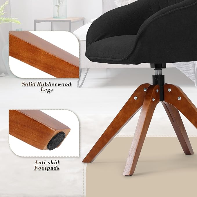 Athena Collection Swivel Modern Accent Chair Linen Upholstered Armchair Office Desk Chair No Wheels with Wooden Legs Comfy Vanity Chair Reading Chair for Bedroom Living Room Black