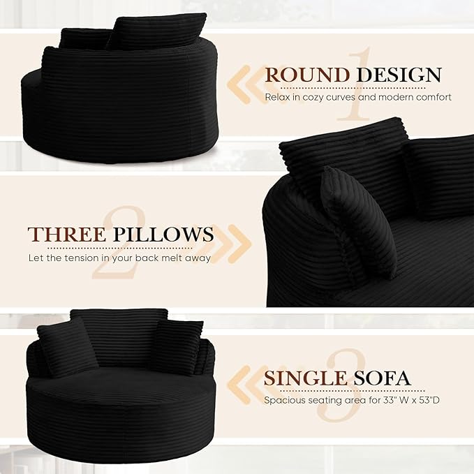 Antetek 53-inch Round Chaise Lounge Chair Indoor Modern Cloud Single Corduroy Couch with 3 Pillows Boneless Compressed Memory Foam Sofa Chair for Living Room Bedroom Apartment Black