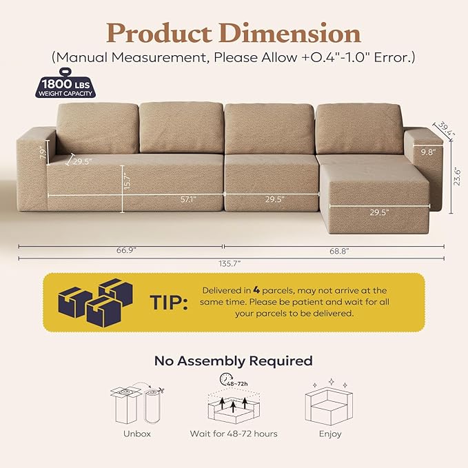 136 Modular Sectional Couch Left/Right Facing Convertible L-Shape Modern Teddy Sofa Deep Seat Upholstered Foam Couch for Living Room Bedroom No Assembly Required (Camel Teddy Boucle)