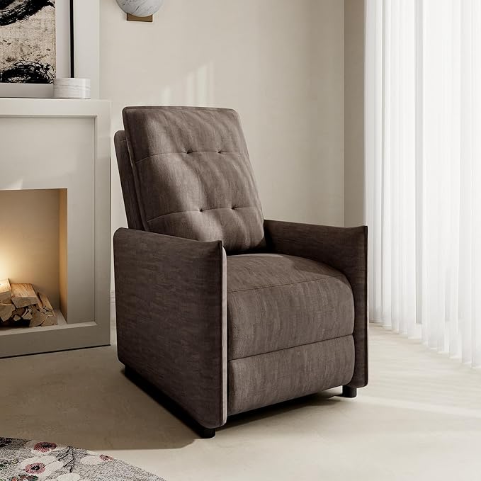 Chenille Fabric Recliner Chair for Adults - Manual Push Back Reclining Sofa with Sturdy Metal Frame Overstuffed High-Density Foam Adjustable Footrest for Living Room Home Theater (Brown)