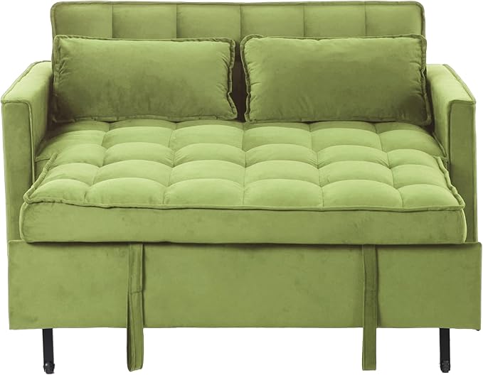 3 in 1 Convertible Sofa Bed Love Seat Sleeper Bed with Side Pockets Velvet Fabric Pull Out Couch with Adjustable Backrest for Living Room Bedroom Apartment Olive Green