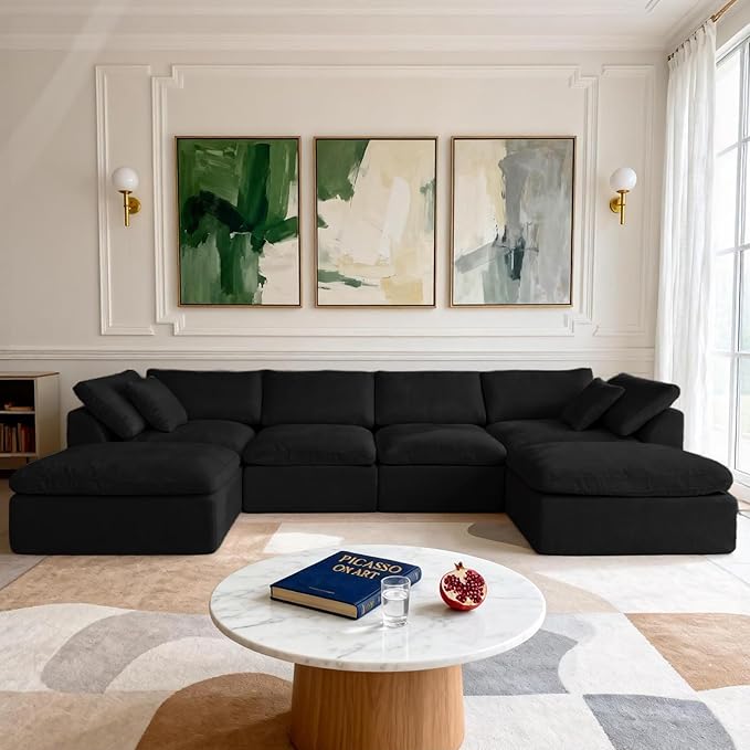 Cloud Modular Sectional Sofa Couch141” U-Shape Sofa with Wide Armrest Modern High-Density Sponge Compressed Couch for Living Room BedroomNo Assembly Needed (Black 4 Seats+ 2 Ottoman)