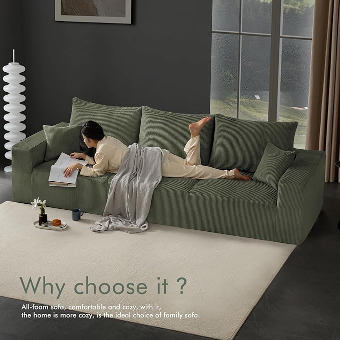 113 Modular Sectional Couch Cloud Boneless Sofa with Deep Seats Upholstered Corduroy Sofa Bed with Loung Chaise 3-Seater Couches for Living Room No Assembly Required Green