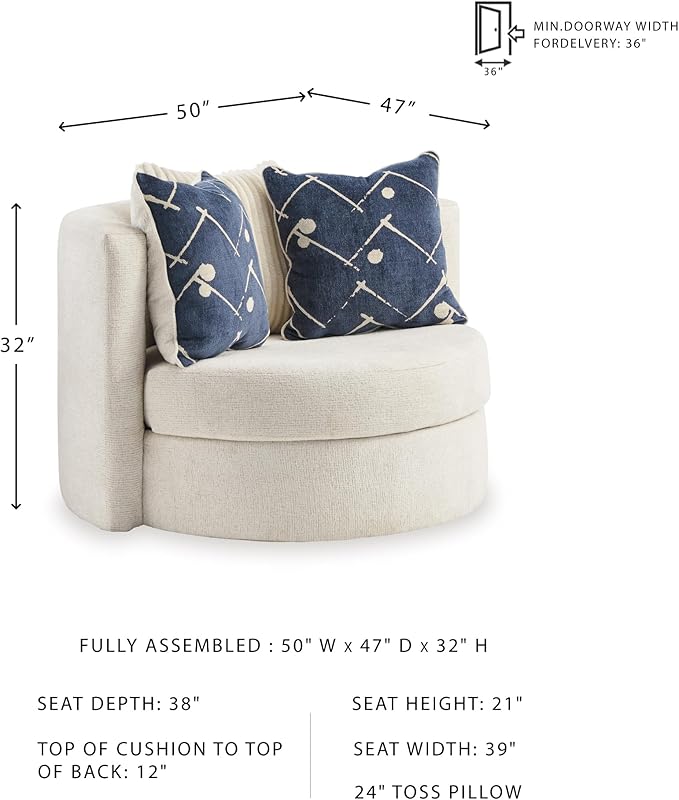 Signature Design by Ashley Padova Transitional Upholstered Swivel Accent Chair Reversible Seat Cushion 3 Complimentary Accent Pillows 360-Degree Swivel Ivory Fabric