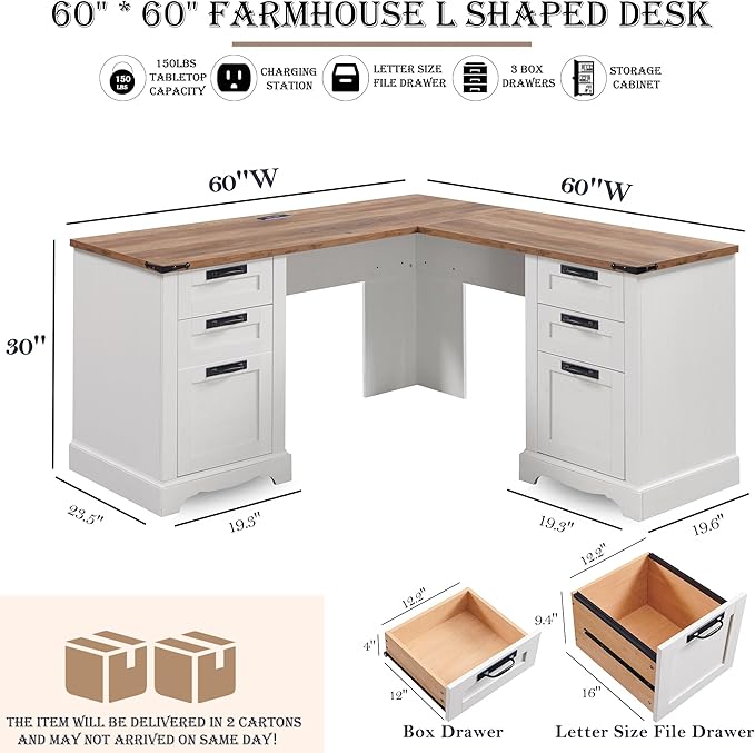 RedLemon 60 Farmhouse L Shaped Desk with Drawers Wood Home Office Corner Executive Desk with Charging Station File Drawer Storage Cabinet Rustic Computer Writing Desk (Antique White)