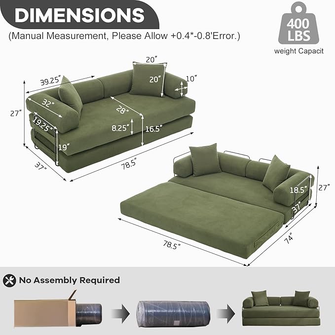 79 Convertible Folding Sofa Bed 4-in-1 DIY Combination Sleeper Sofa Bed Upholstered King Size Sleeper Couch Corduroy Floor SofaBed Boneless Couch for Living Room Bedroom Lounge (Green)