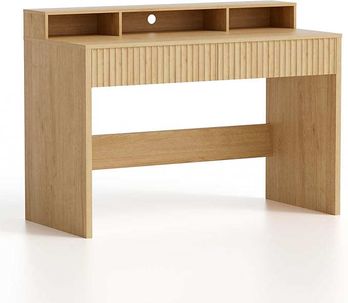 47 Executive Desk with Fluted Drawer Modern Home Office Desk with Long Monitor Stand and 2 Drawers Computer Writing Desk for Study Office Vanity Nautral Oak