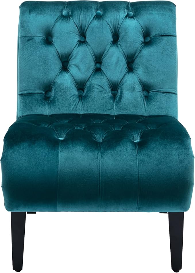 Modern Velvet Armless Accent Living Room Chair Leisure ChairUpholstered Fabric Button Comfortable Chair with Wooden Legs for Bedroom Living Room Office (Teal Velvet)
