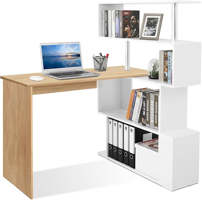 41.7 L Shaped Desk with 4-Tier Storage Shelves Computer Corner Desk for Study Home Office Living Room (Oak and White)